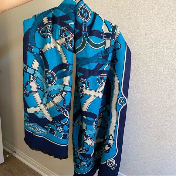 Blue Equestrian Horse Buckle Scarf in the style of Hermes - Picture 1 of 4